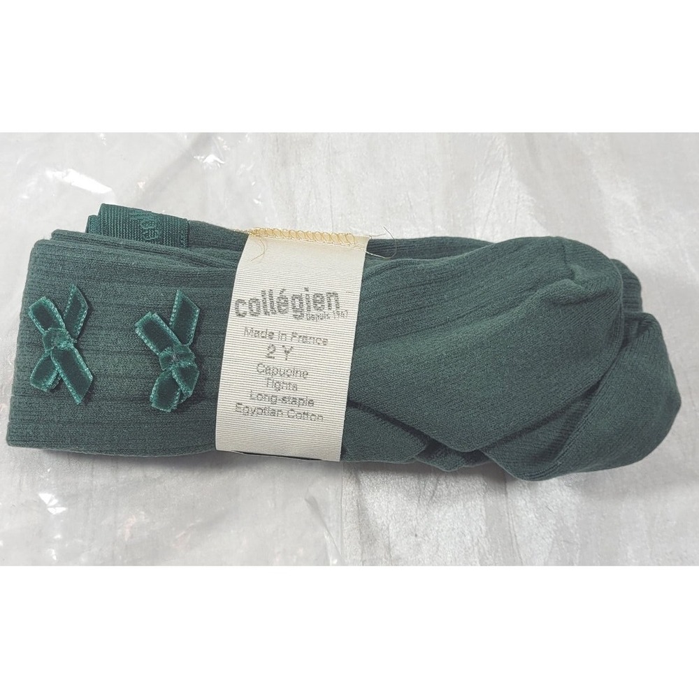 Collegien‎ Toddler Egyptian Cotton Tights w/ Velvet Bows - Green - Size 2 Years